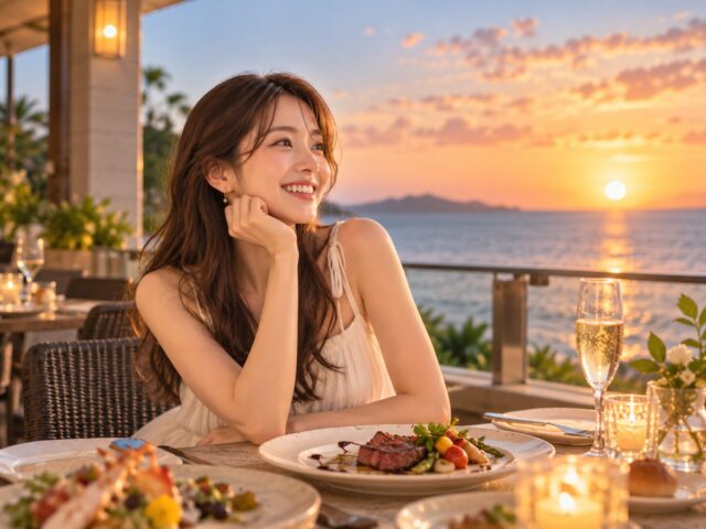 リゾート　服装　サンセット　夕日　ディナー